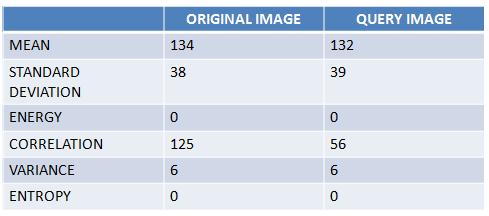 The results for the feature calculation of original and query image are shown in table 1.The calculated hash values are shown in table 2.