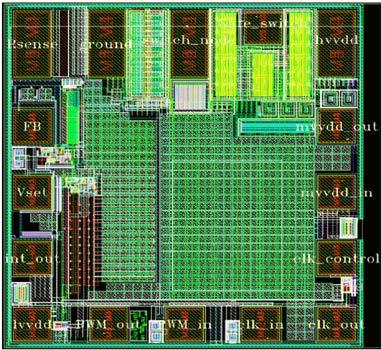 The layout of the whole OLED driver chip Goldfish, designed in the I3T80 smart-power technology of ON Semiconductor, is shown in Fig.11. The total silicon area of the die is 4mm 2. Fig.9: Selected DC-DC buck converter block diagram.