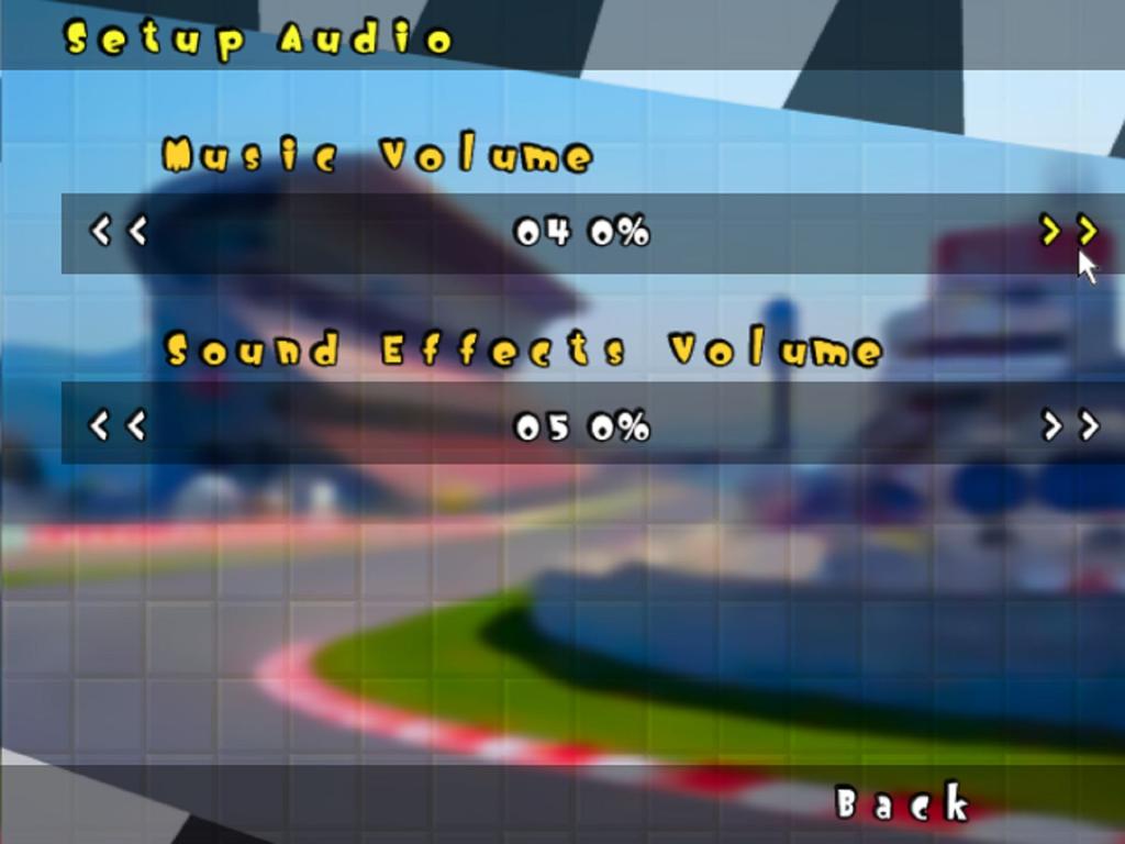 Audio Setup Audio setup screen On this screen is possible to change the volume of sound effects (voices, explosions,