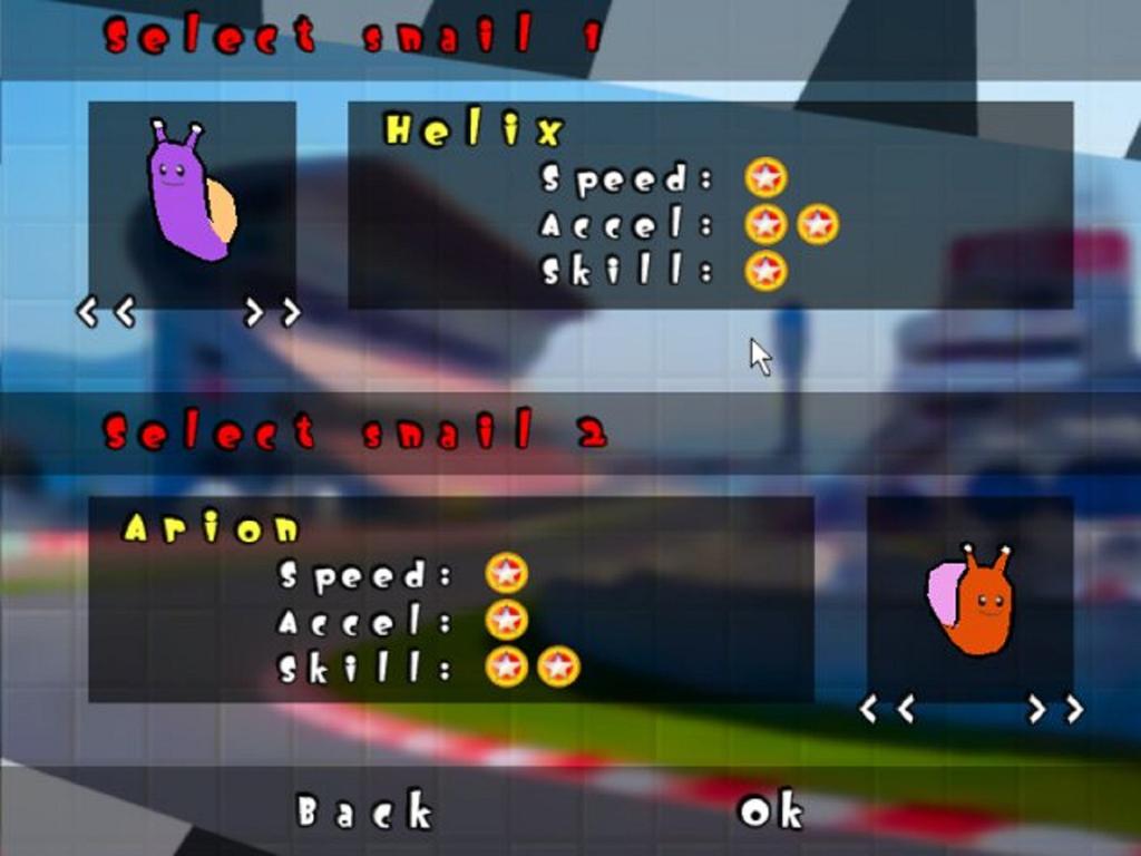 Choosing your Racer After clicking on 1 Player Game or 2 Player Game, you will be taken to another screen where you can select what snail you will race with.