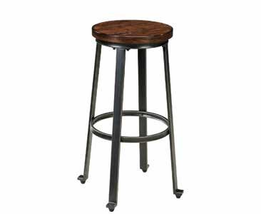 bar stool with a veneered plank top surface, sculptural legs punctuated by