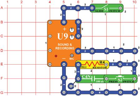 For more fun, add the 1KΩ resistor (R2) across the points marked A & B using a single snap.