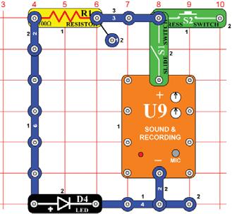 store electrical energy while a battery stores chemical energy. Build the circuit and connect the jumper wires, leaving one end of the orange jumper off as shown.