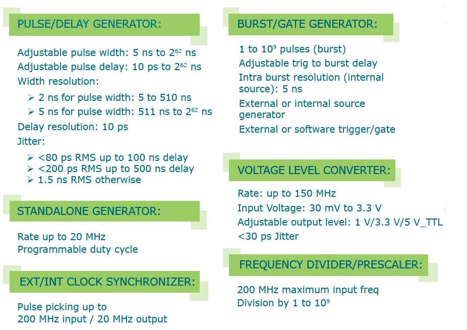 The Pulse Delay Generator offers several operating modes including pulse generator,
