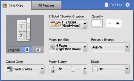 Easy Copy lets you preview copy jobs for example, N-up, two-sided and stapled when you set these functions.