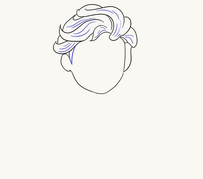 Erase the guide lines from the hair. Add detail by drawing wavy, curving lines along the length of the locks of hair. Draw a series of lines meeting in a point in front of the ear.