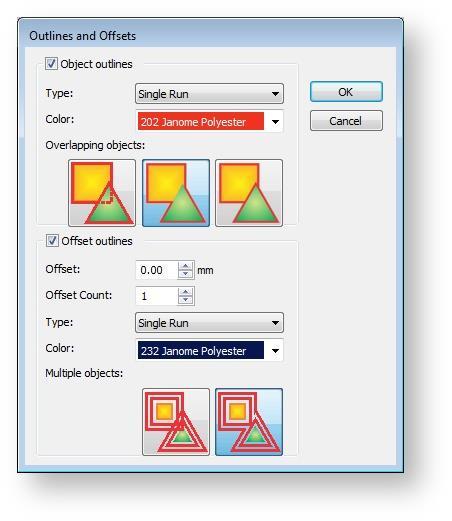 Outlines & offsets OUTLINES & OFFSETS The embroidery software provides tools for quickly generating outlines based on existing boundaries. Use the Outlines & Offsets tool to highlight details e.g. small satin objects or create seamless borders.