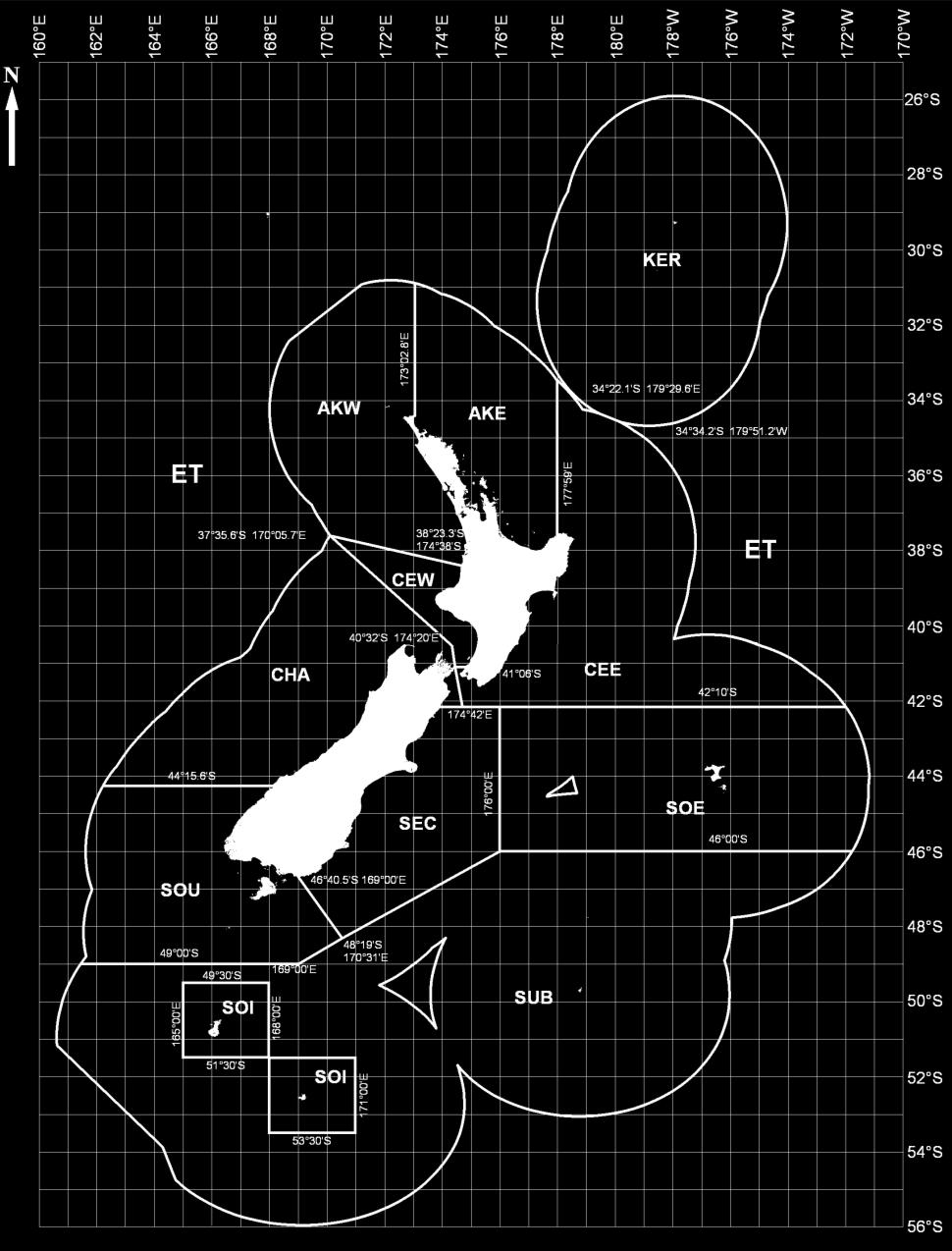 FMA 6 Subantarctic including Bounty Island and Pukaki Rise SOI FMA6A Southern offshore islands Auckland and Campbell Islands CHA FMA 7 West Coast South Island to Fiordland including