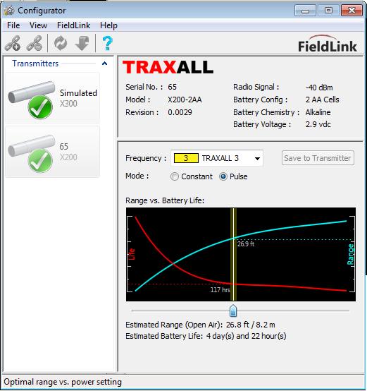 TRAXALL X300-Ex Multifrequency Transmitter (ATEX-IECEx) User Guide A fixed yellow line near the center of the range-power graph indicates the estimated optimal balance for the selected transmitter.