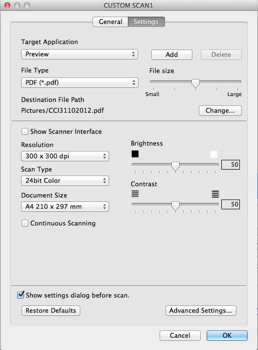 ControlCenter2 Fila Settings (Setări) Selectaţi setările Target Application (Aplicaţie ţintă), File Type (Tip fişier), Resolution (Rezoluţie), Scan Type (Tip scanare), Document Size (Dimensiune