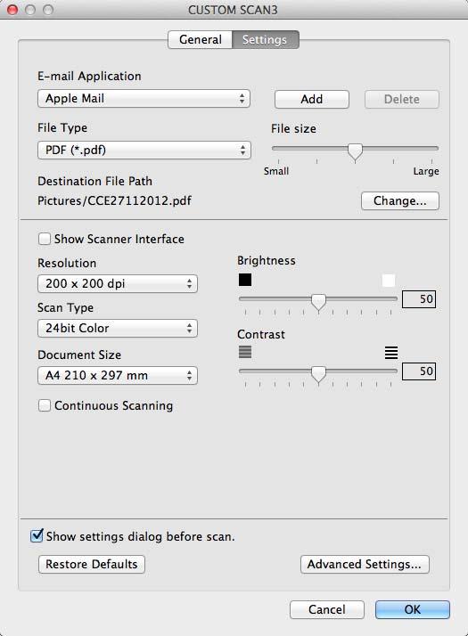 ControlCenter2 Fila Settings (Setări) Selectaţi setările E-mail Application (Aplicaţie e-mail), File Type (Tip fişier), Resolution (Rezoluţie), Scan Type (Tip scanare), Document Size (Dimensiune