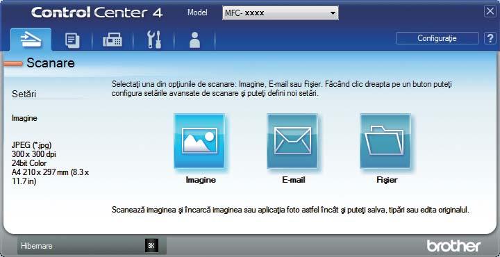 ControlCenter4 Fila Scanare 3 Există trei opţiuni de scanare: Imagine, E-mail şi Fişier. Această secţiune prezintă pe scurt funcţia filei Scanare.