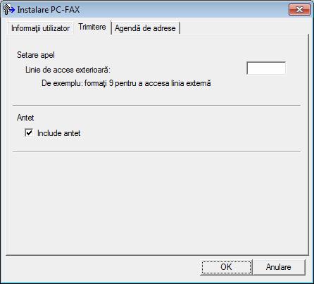 Aplicaţia Brother PC-FAX (pentru modelele MFC) Configurarea trimiterii 5 Din caseta de dialog Instalare PC-FAX, faceţi clic pe fila Trimitere pentru a afişa ecranul de mai jos.