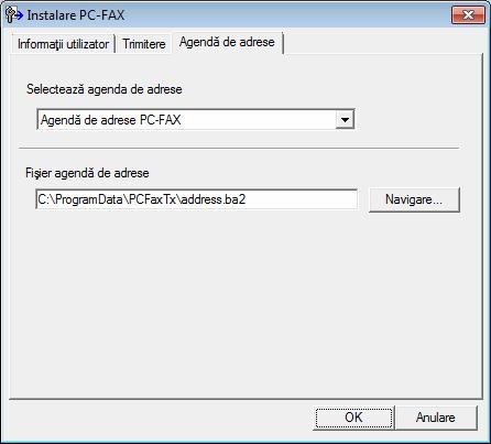 Aplicaţia Brother PC-FAX (pentru modelele MFC) Repertoar Adrese 5 Dacă pe computer sunt instalate Outlook, Outlook Express sau Windows Mail, puteţi alege din lista derulantă Selectează agenda