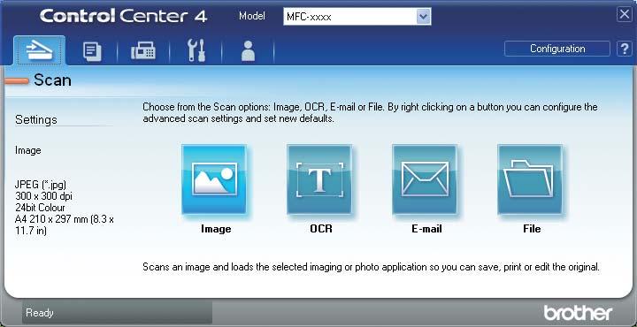 ControlCenter4 Fila Scan (Scanare) 4 Există patru opţiuni de scanare: Image (Imagine), OCR, E-mail şi File (Fişier). Această secţiune prezintă pe scurt funcţia filei Scan (Scanare).