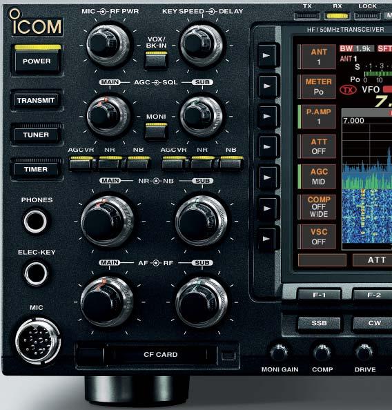 Icom s flagship HF transceiver +40dBm 3rd order intercept point (in the HF bands) Three hi-spec 1st IF filters (roofing filters) Two completely independent receiver circuits Spectrum waterfall