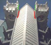 Each time you try to fit the roof on, you'll have to spread the cathedral apart; otherwise you'll end up knocking off the tips of the towers (marked in green).