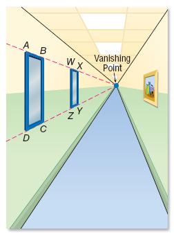 6. Megan is drawing a hallway in one-point perspective. She uses the guidelines shown to draw two windows on the left wall.