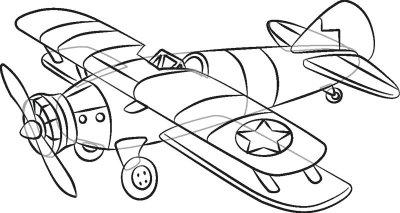 seat. Sketch an oval and some small circles to add detail to the nose. Draw a star inside of a circle on the tip of the top wing. Step 5: Draw wide stripes on the upper wings and midway on the body.