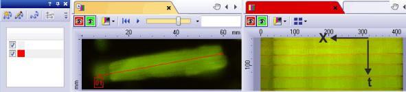 Life Science Applications - Kymograph Saving the results On the left of the illustration, the Kymograph tool window is displayed. A red track is defined on it.