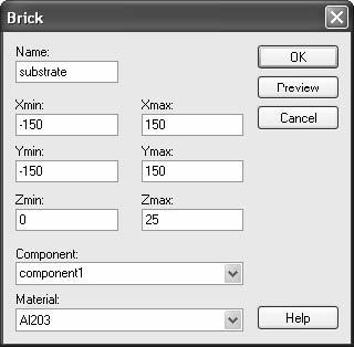 Please check all these settings carefully. If you encounter any mistake, please change the value in the corresponding entry field. You should now assign a meaningful name to the brick by entering e.g. substrate in the Name field.