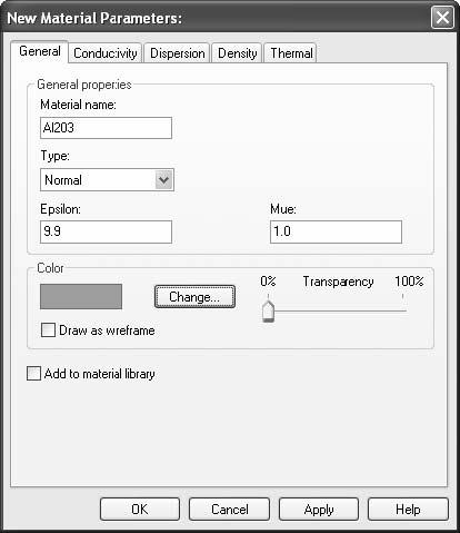 In this dialog box you should define a new Material name (e.g. Al2O3) and set the Type to a Normal dielectric material. Afterwards, specify the material properties in the Epsilon and Mue fields.