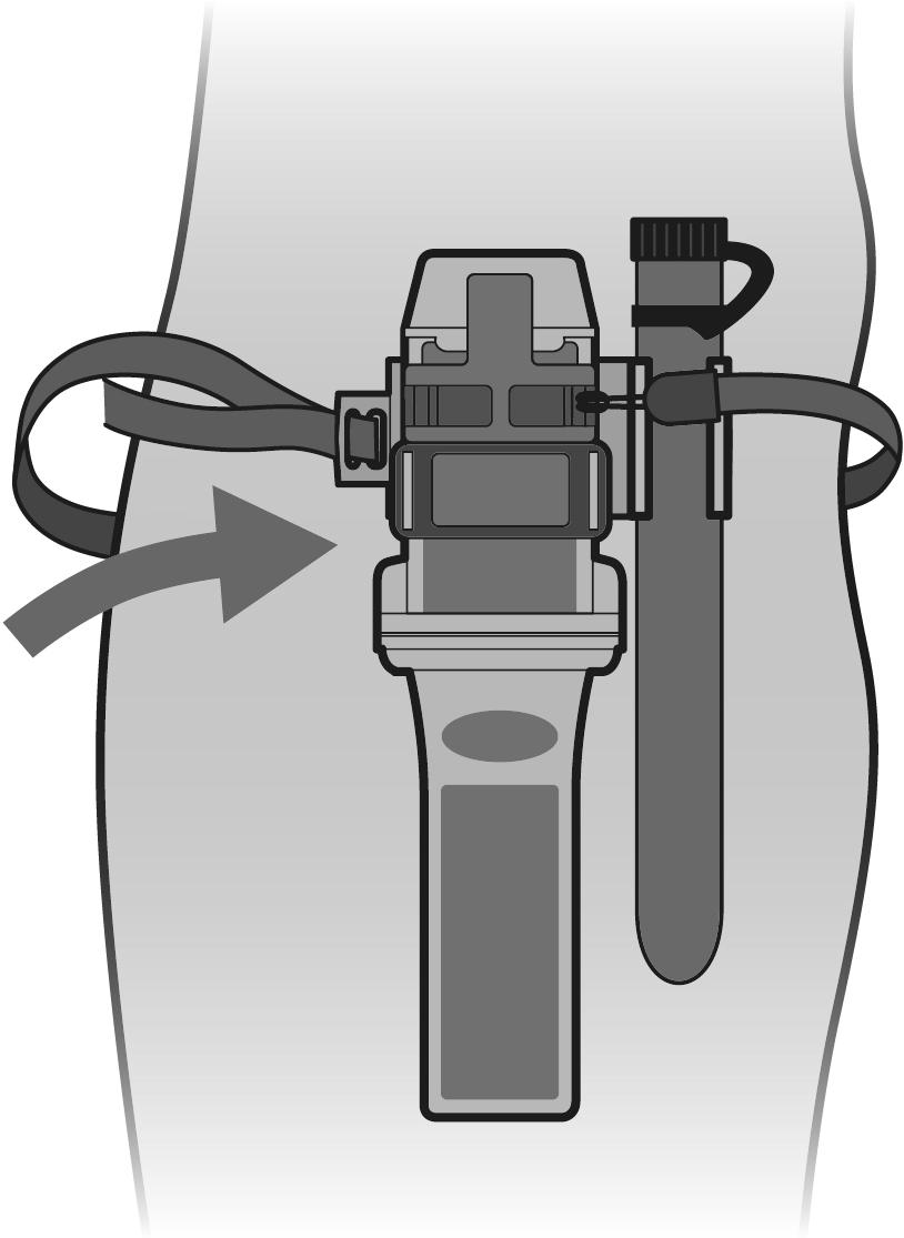 Pass the tape around the bladder of the life jacket and clip the bracket to the MOB1 so that the MOB1 will be on the outside of the inflation tube as shown.