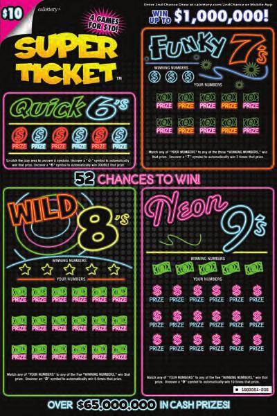 $ 10 SUPER TICKET GAME #1256 APRIL 2017 52 CHANCES TO WIN! WIN UP TO $1,000,000! Dimensions - 8 x 12 PRIZE PAYOUT 73% After game start, some prizes, including top prizes, may have been claimed.