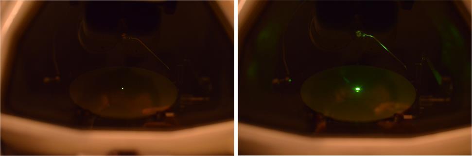 Figure 7 Two cases where the beam has been condensed to its smallest size using the Brightness coil, on the left we can appreciate a very sharp and small spot (5) and on the right a slightly wider