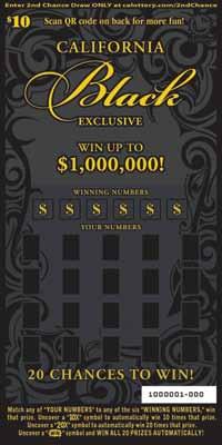 $ 10 #1112 $ 10Game CALIFORNIA Black Exclusive Win Up to $1,000,000! QR code on back! How to play Match any of YOUR NUMBERS to any of the six WINNING NUMBERS, win that prize.