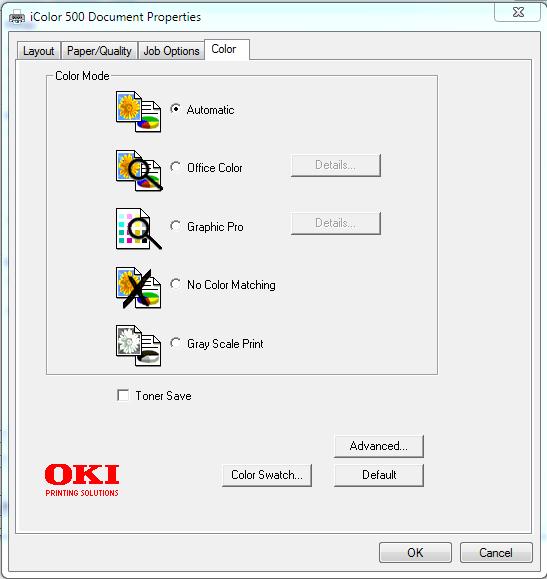 4. The last tab has the Toner Saving mode which should be set to Off. Here we find the Color Swatch Utility, which is also available with the PCL Driver.