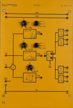 PWM, PFM, TPC CONTROL UNIT DL 69 +5V/0V/- 5V (600 ma) Control voltage: U c : 0 to 0V PWM: 0-00 Hz/0.- khz/-0 khz Duty cycle D = ton/t = 0-0.95 PFM: 5-50 ms/50-500 ms/0.