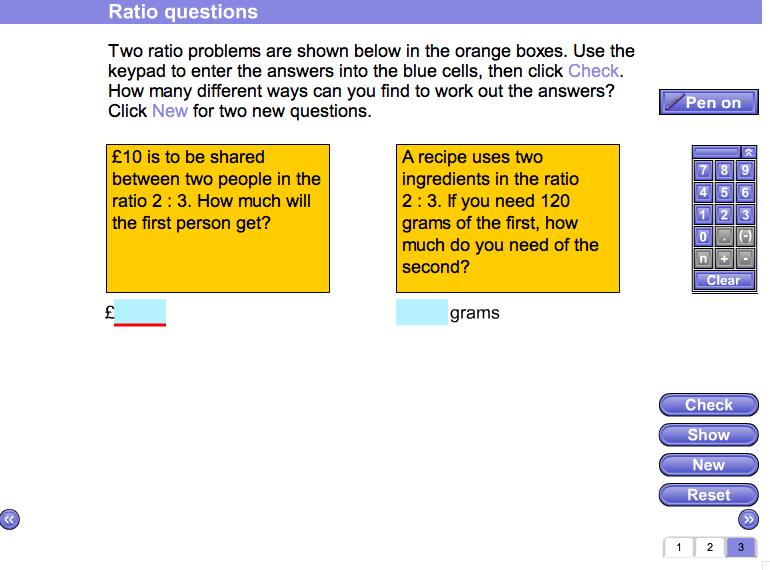 Screen 3: Ratio questions Two ratio problems are shown in orange boxes. You are asked to put the answers to them in the blue cells.