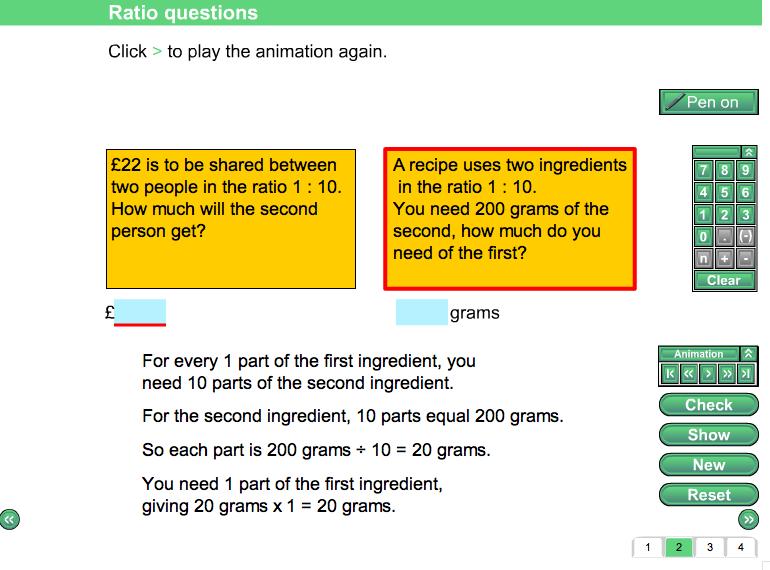 Screen 2: Ratio questions Two ratio problems are shown in orange boxes. You are asked to put the answers to them in the blue cells.