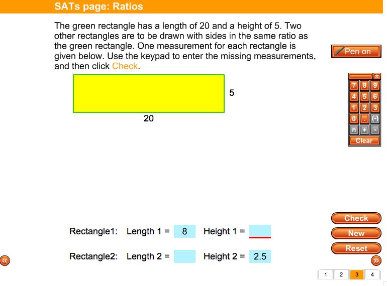 Screen 3: SATs page: Ratios A yellow rectangle is shown with sides of known length. You are told that two rectangles are two be drawn with sides in the same ratio as the one shown.