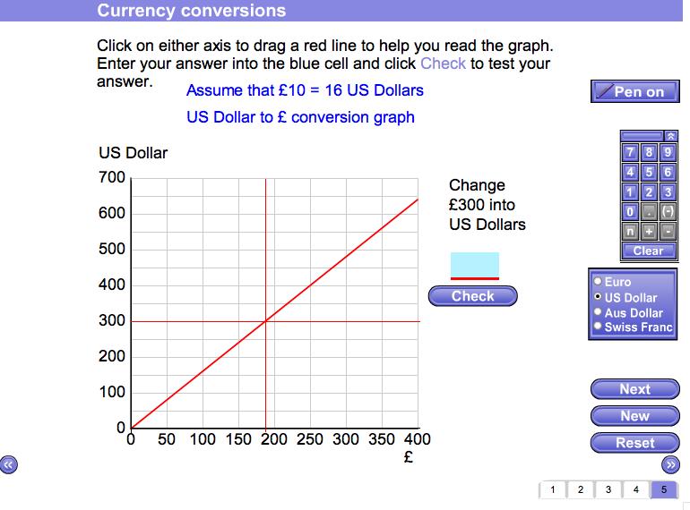 Screen 5: Currency conversions You can select a currency from four and are then asked which points you would join to complete a currency graph.