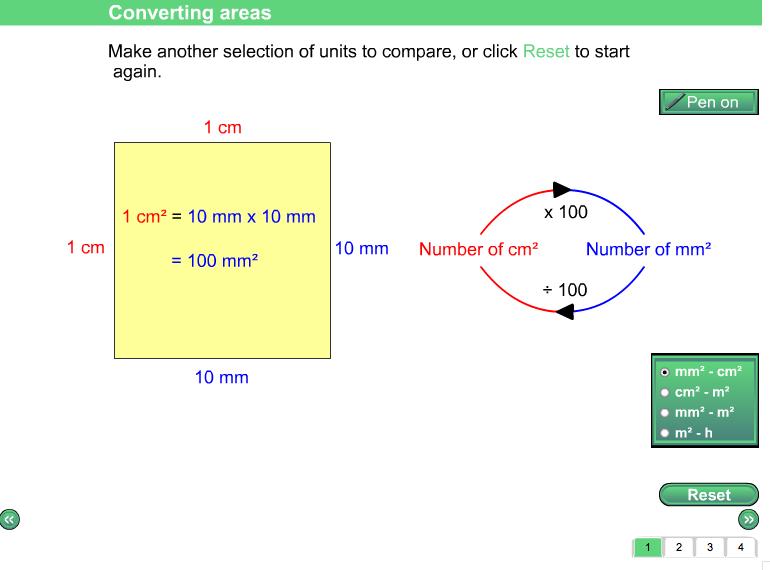 Review Whiteboard and Screen information Screen 1: Converting areas You are asked to click to convert between four different units of area: square millimetres and square centimetres; square
