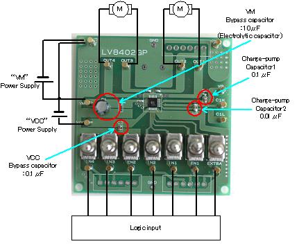 2. Two DC motor drive Connect and, OUT3 and OUT4 to a DC motor each. Connect the motor power supply with the terminal, the control power supply with the terminal VCC.
