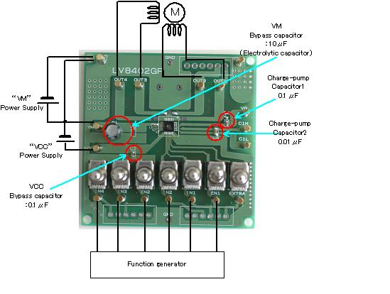 3. One stepping motor drive LV8402GP Application Note Connect a stepping motor with,, OUT3 and OUT4. Connect the motor power supply with the terminal, the control power supply with the terminal VCC.