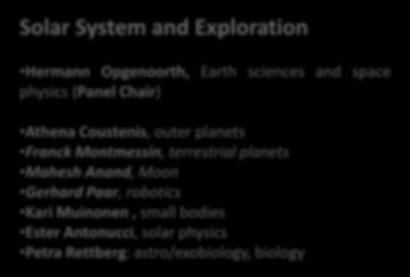 Solar System and Exploration Hermann Opgenoorth, Earth sciences and space physics (Panel Chair) Athena Coustenis, outer