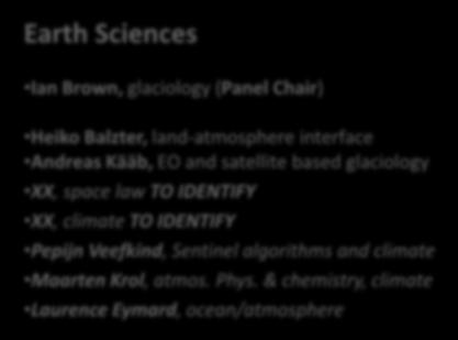 astrometry Earth Sciences Ian Brown, glaciology (Panel Chair) Heiko Balzter, land-atmosphere interface Andreas Kääb, EO and