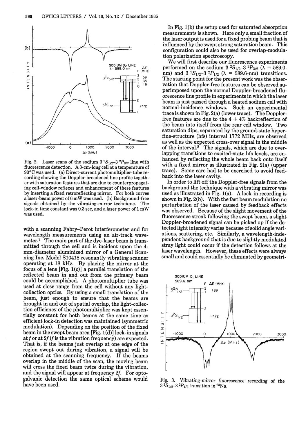598 OPTICS LETTERS / Vol. 10, No. 12 / December 1985 (b) (a) SODIUM D2 LINE X = 589.0 nm F (MH) ME -1000 0 1000 2000 3000 A (M H) Fig. 2. Laser scans of the sodium 3 2 S 1 / 2-3 2 P 3 / 2 line with fluorescence detection.