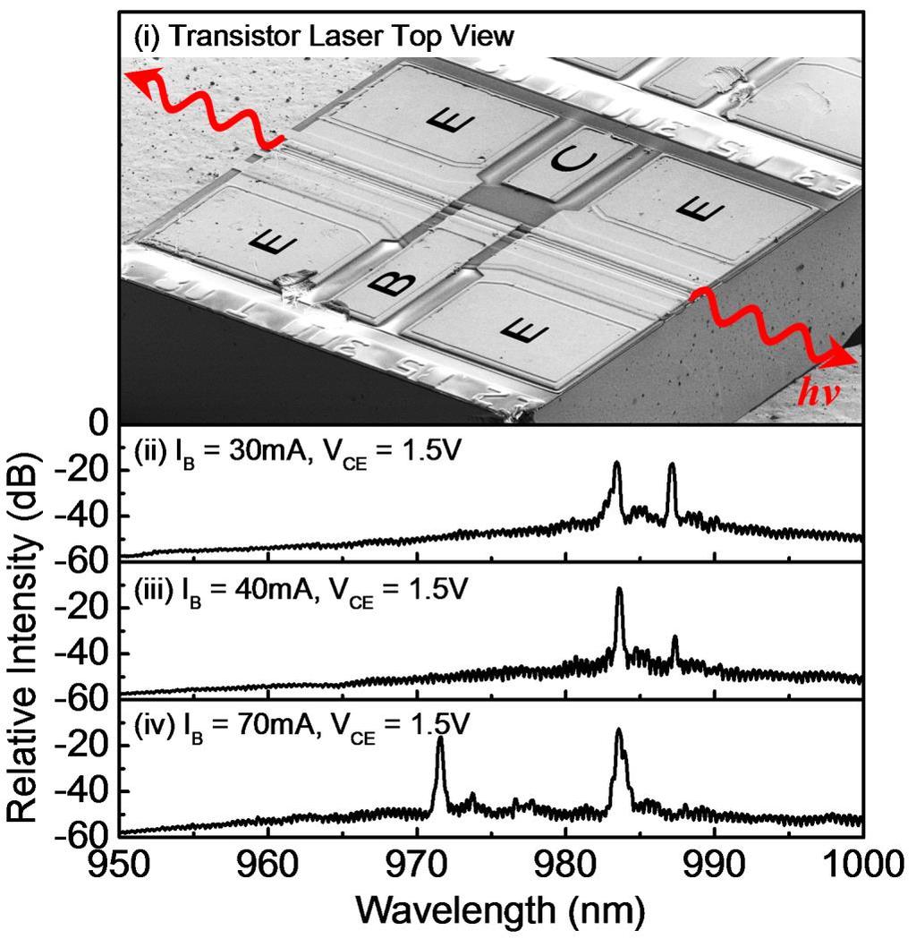 Figure 4.4 (i) SEM top view image of a TL device metallized in a common emitter configuration. (ii-iv) Optical spectra of an edge-emitting TL measured at T = 0 o C and V CE = 1.5 V.