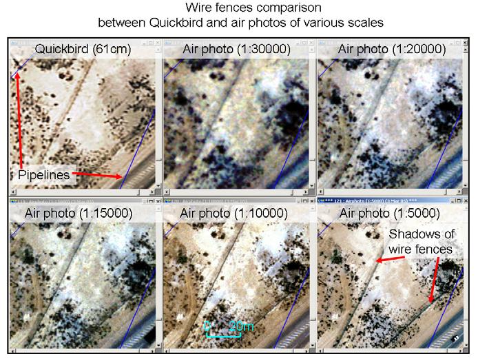 Fig. 5. Wire fences comparison on Quickbird and aerial s The visibility of the features on Quickbird and aerial s of all scales are summarized in the table below.