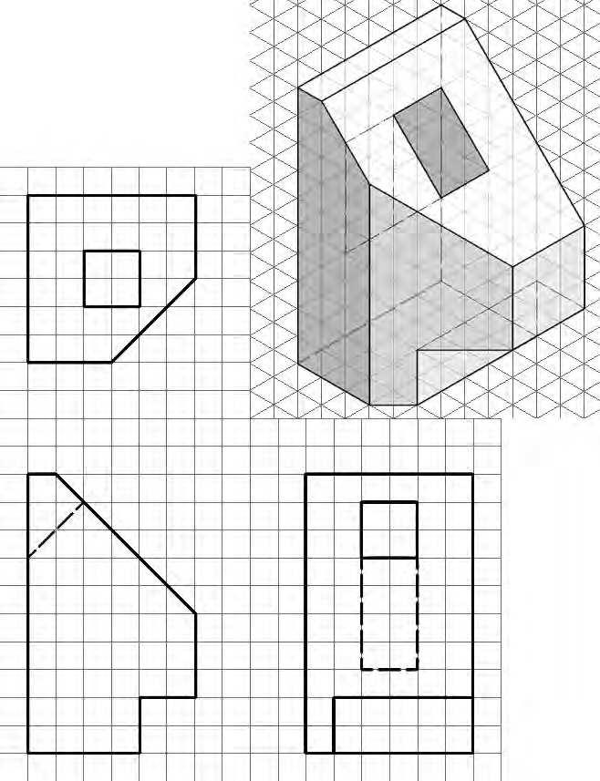 8. Examine the technical drawing below. The top, front and right side orthographic views are incomplete.