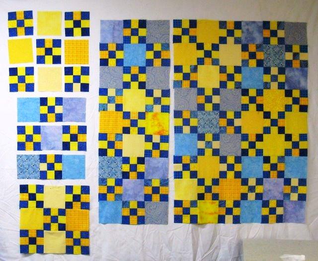 The next nine-patch is stitched with blue squares of fabric. As you can see, I used deep blues in each strip set.