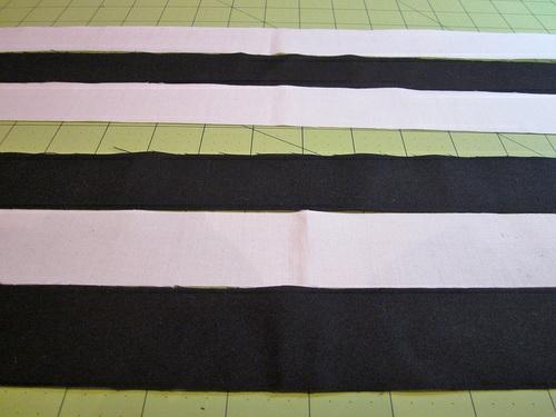 3. Using a ¼" seam allowance, sew one combination of the three strips together in the order you ve laid them out.