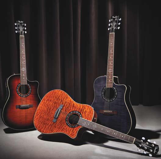 Fender Hot Rod Design Acoustics T-Bucket 300 CE The T-Bucket 300 CE is a dreadnought-cutaway model with a laminated quilt maple or flame maple top, laminated mahogany back and sides, a gorgeous