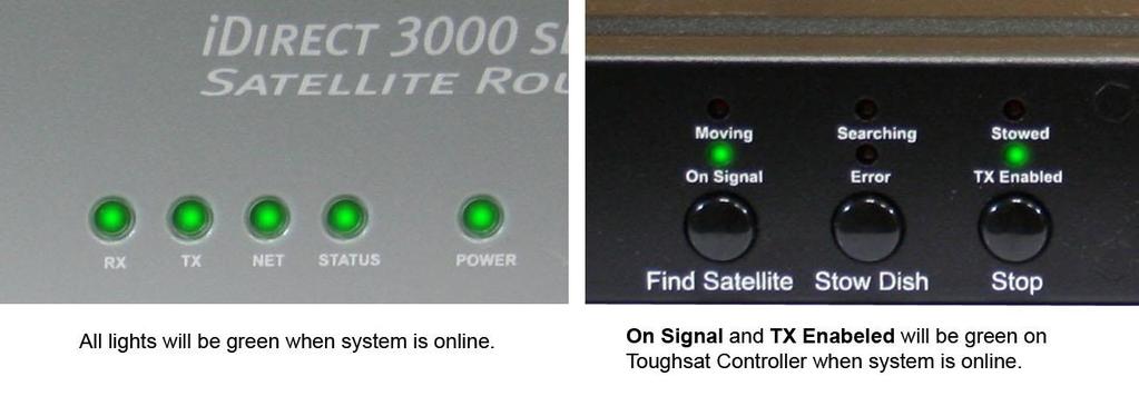 When The Toughsat Is Online Above is what the lights on the idirect Satellite Gateway and the Controller will show when the system is online and ready to use.