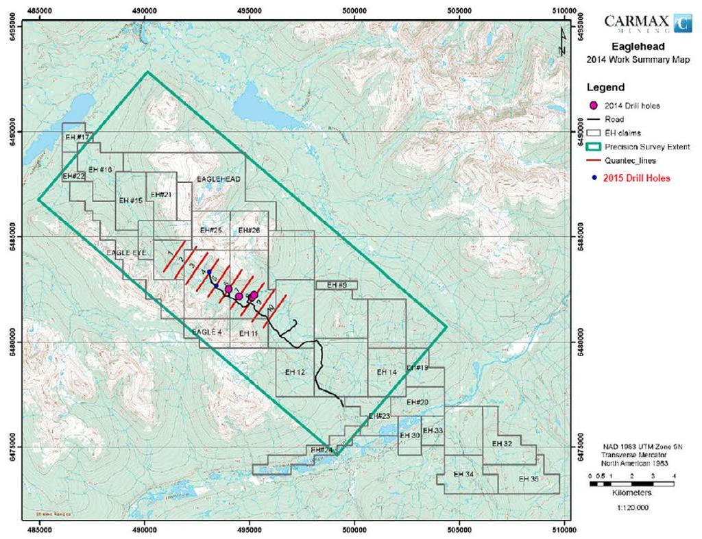 Eaglehead Cu-Mo-Au-Ag Project 2014/2015 Work Summary Map Potential for significant porphyry-type copper, molybdenum, silver and gold mineralization EAGLEHEAD 2014/2015 Work Summary 2014 DRILL HOLES